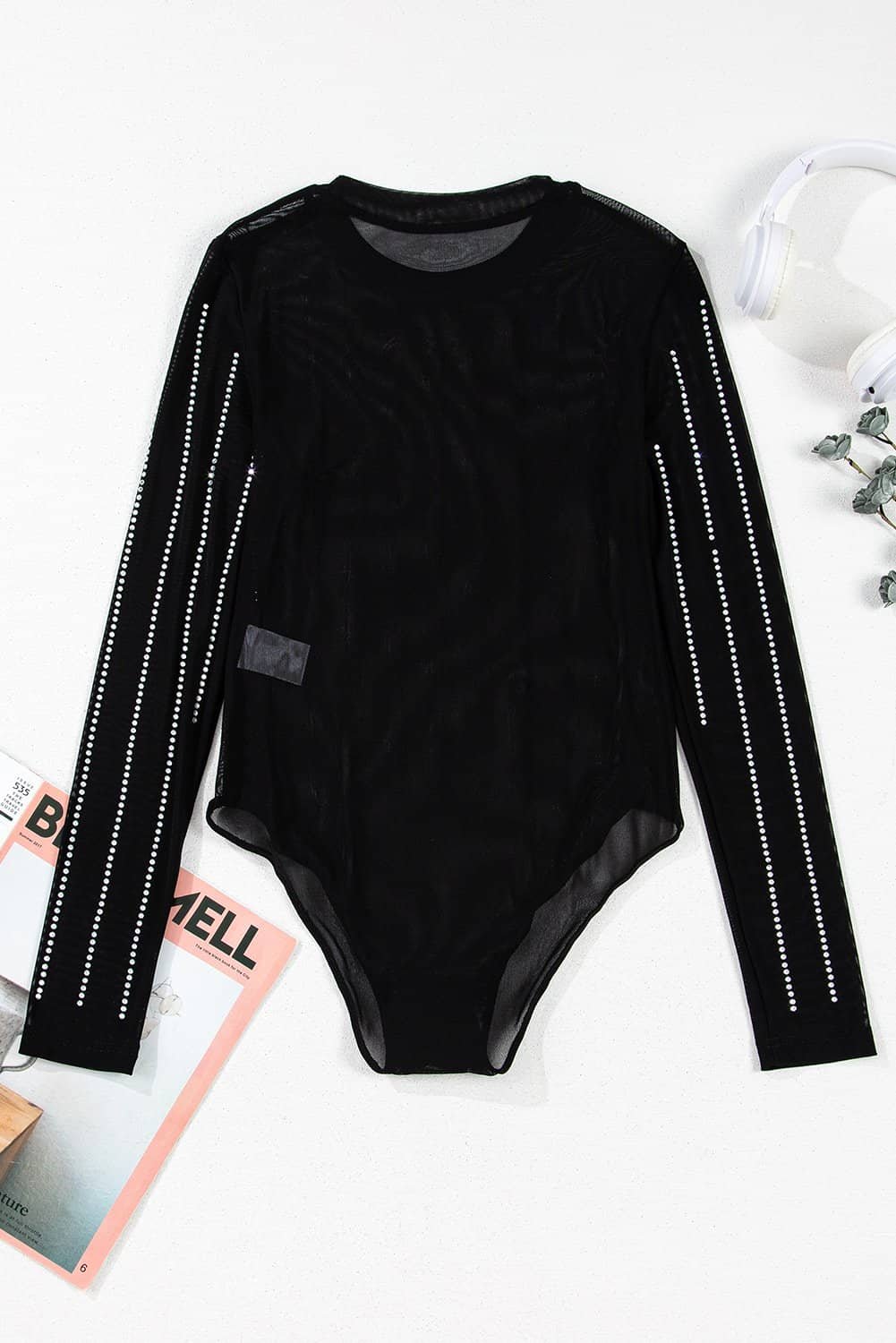 Black Rhinestone Decor Striped Mesh Long Sleeve Bodysuit
