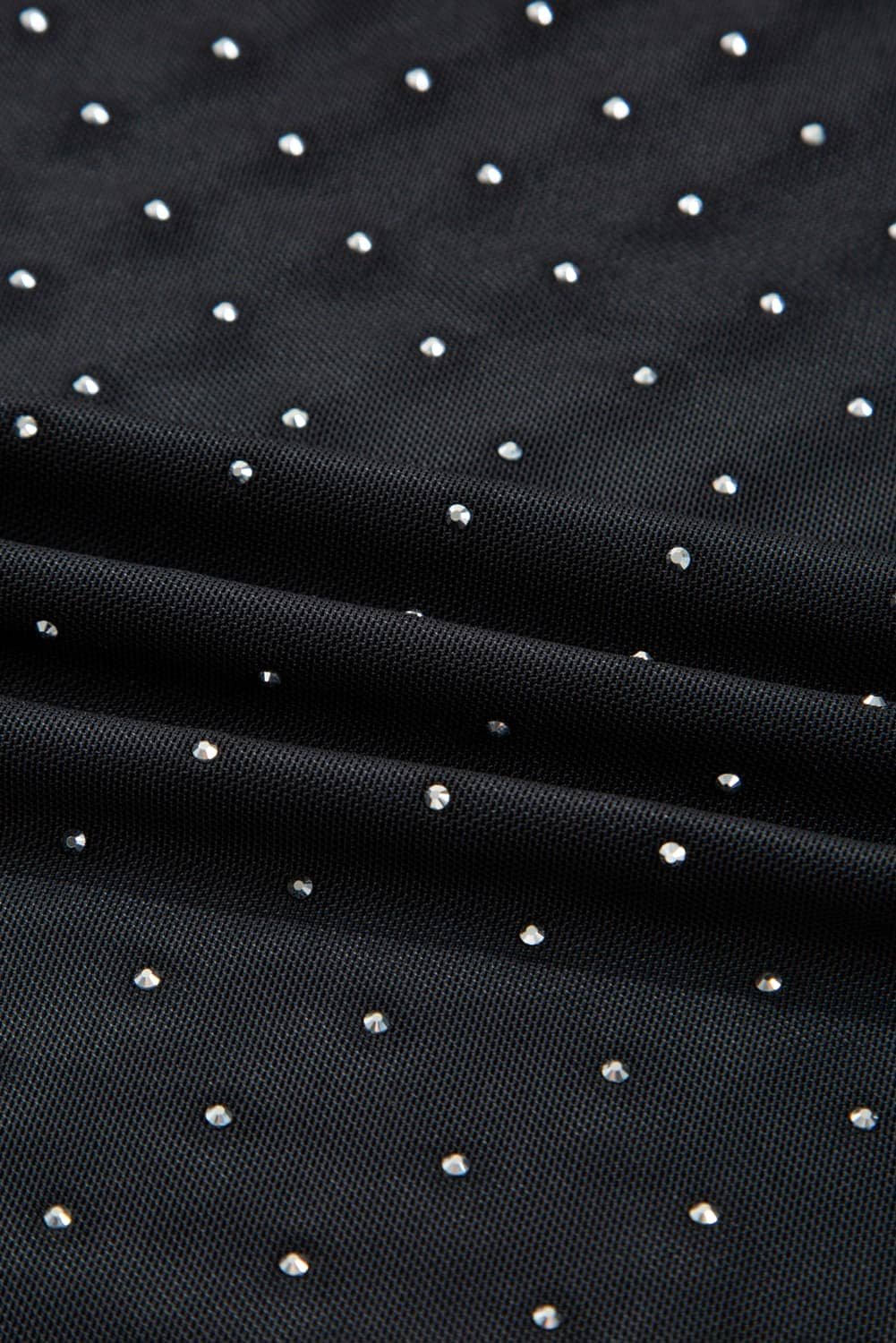 Black Rhinestone Embellished Mesh Long Sleeve Top