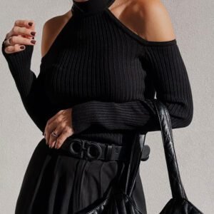 Black Ribbed Knit Cold Shoulder Choker Neck Sweater
