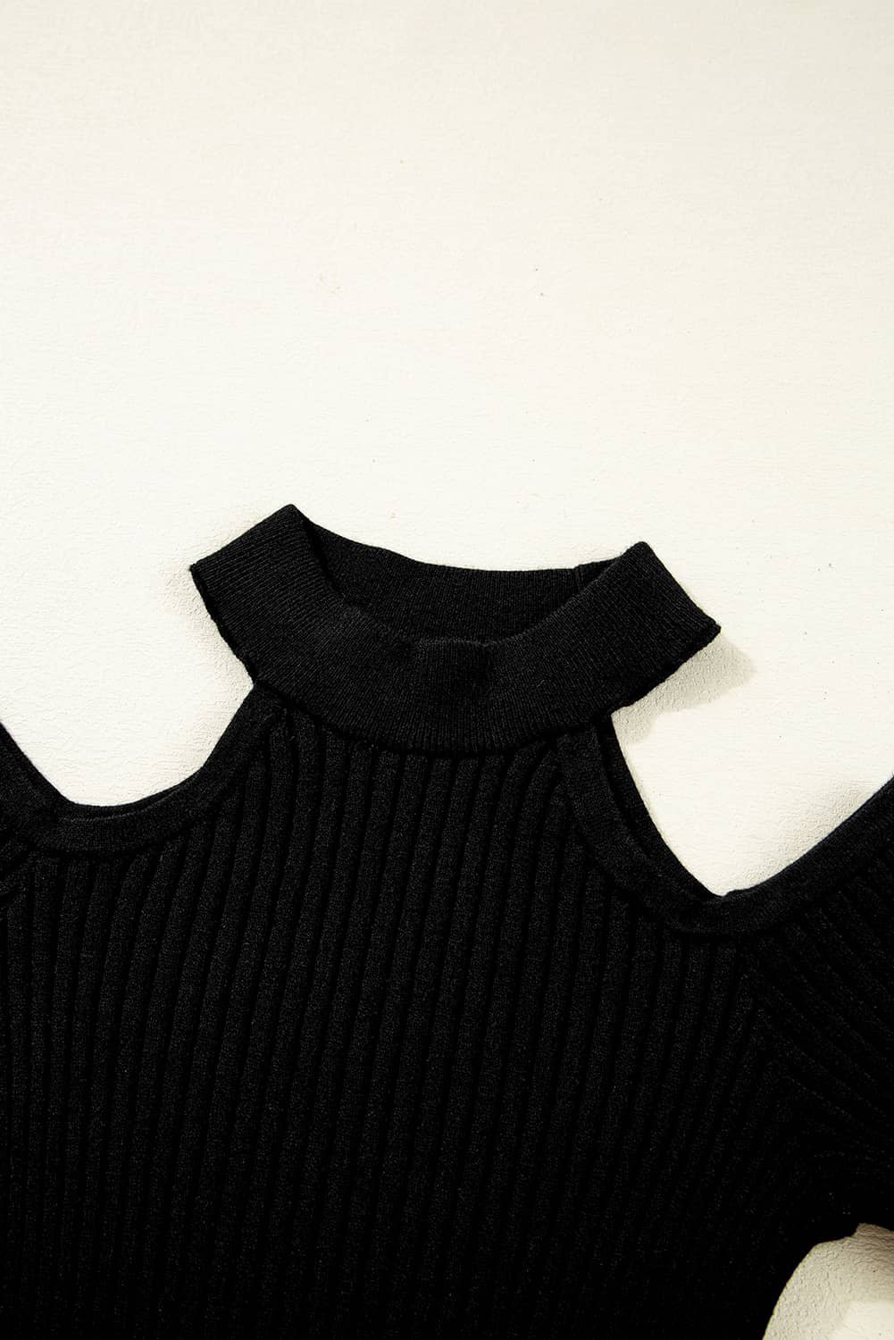 Black Ribbed Knit Cold Shoulder Choker Neck Sweater