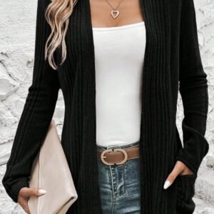 Black Ribbed Open Front Knitted Top With Pockets