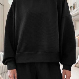 Black Ribbed Texture Baggy Drop Shoulder Pullover And Shorts Set