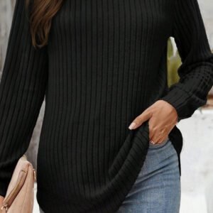 Black Ribbed Texture Round Neck Long Sleeve Rounded Hem Knit Top