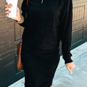 Black Ribbed Zip Stand Neck Drop Shoulder Pullover Bodycon Skirt 2Pcs Set