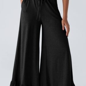 Black Ruffled Wide Leg Pull On High Waist Pants With Pockets