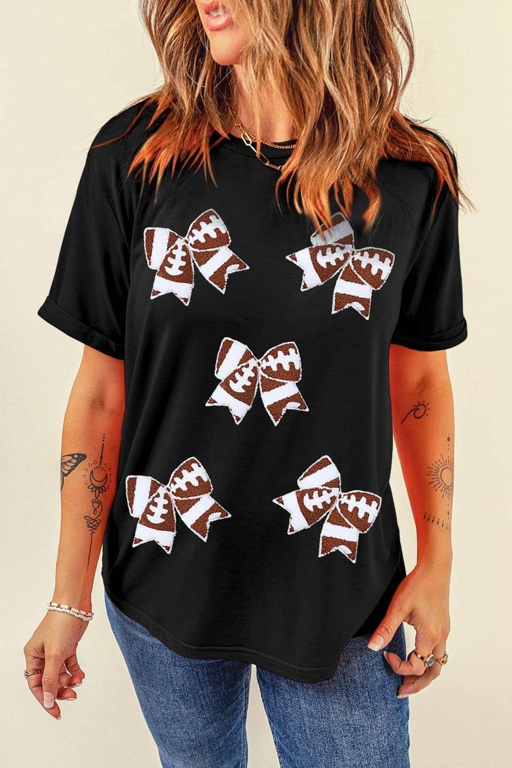 Black Rugby Football Bowknot Pattern Game Day T Shirt