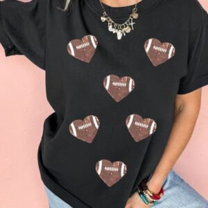 Black Rugby Football Sequin Heart Patched Graphic Tee