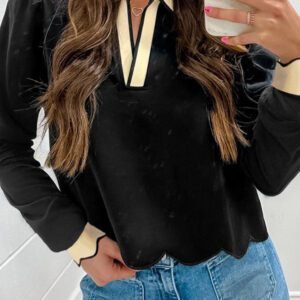 Black Scallop Trim Color Block Long Sleeve Collared Top