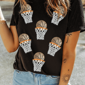 Black Sequin Basketball Patched Graphic Game Day T Shirt