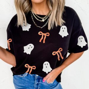 Black Sequin Bow Ghost Patched Halloween Graphic Tee
