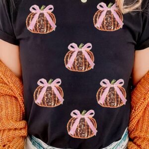 Black Sequin Bow Pumpkin Patched Cotton Blend T Shirt