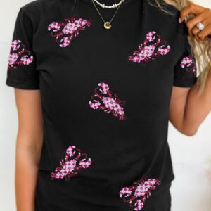 Black Sequin Crawfish Patched Crew Neck Tee