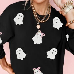 Black Sequin Cute Bow Ghost Graphic Crew Neck Halloween Sweatshirt