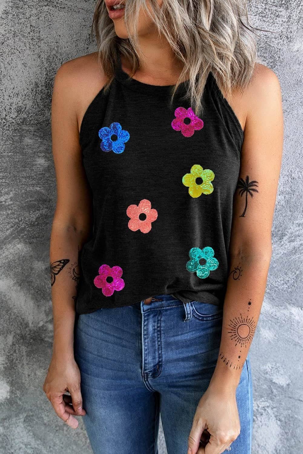 Black Sequin Flower Slim Fit Crewneck Tank Top
