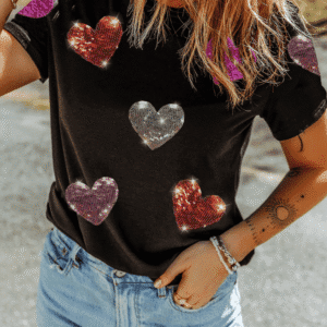 Black Sequin Heart Patched Pattern Crewneck Valentines Tee