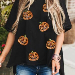 Black Sequin Jack-O-Lantern Pattern Halloween Casual Tee