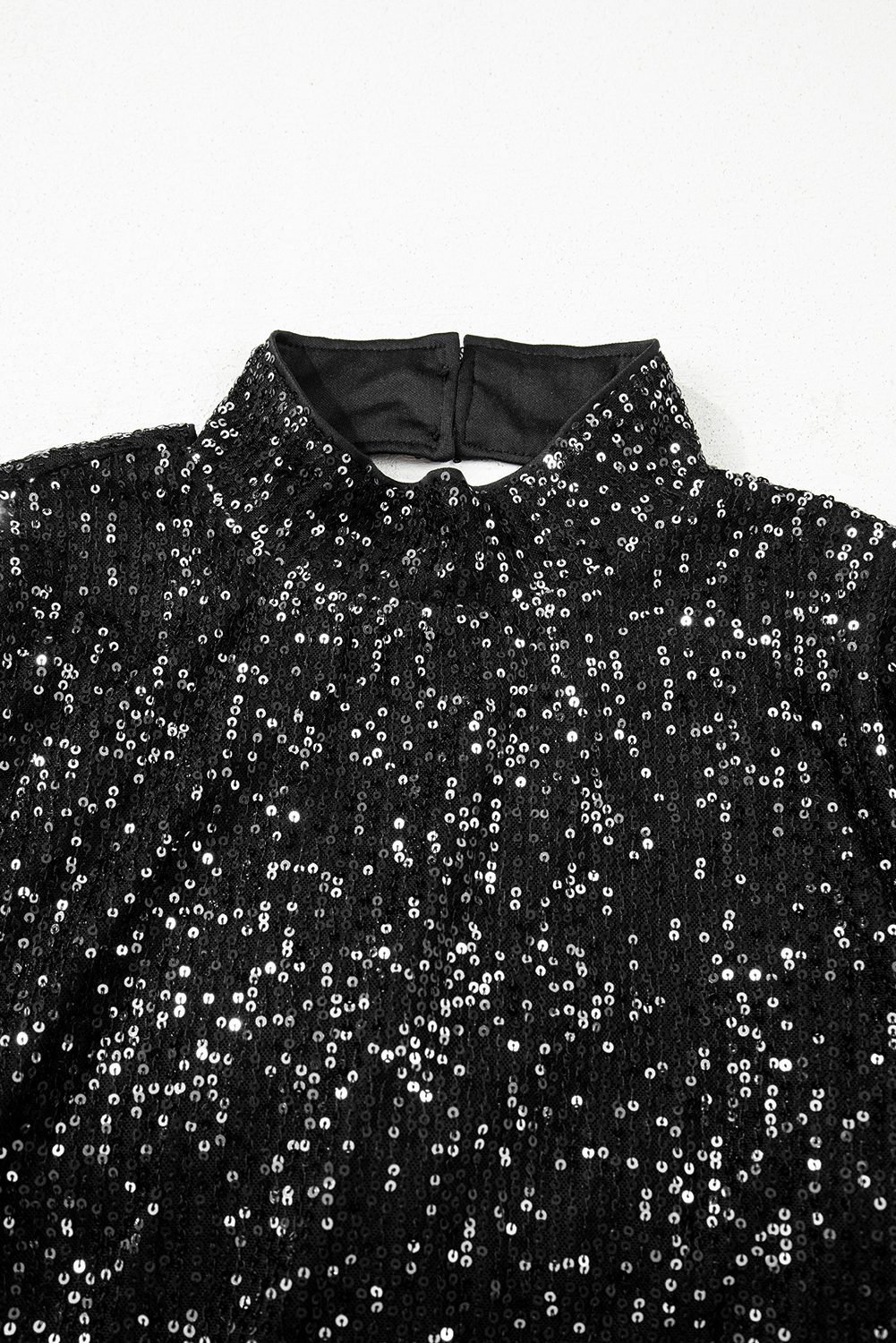 Black Sequin Mock Neck Drape Open Back Bell Sleeve Top
