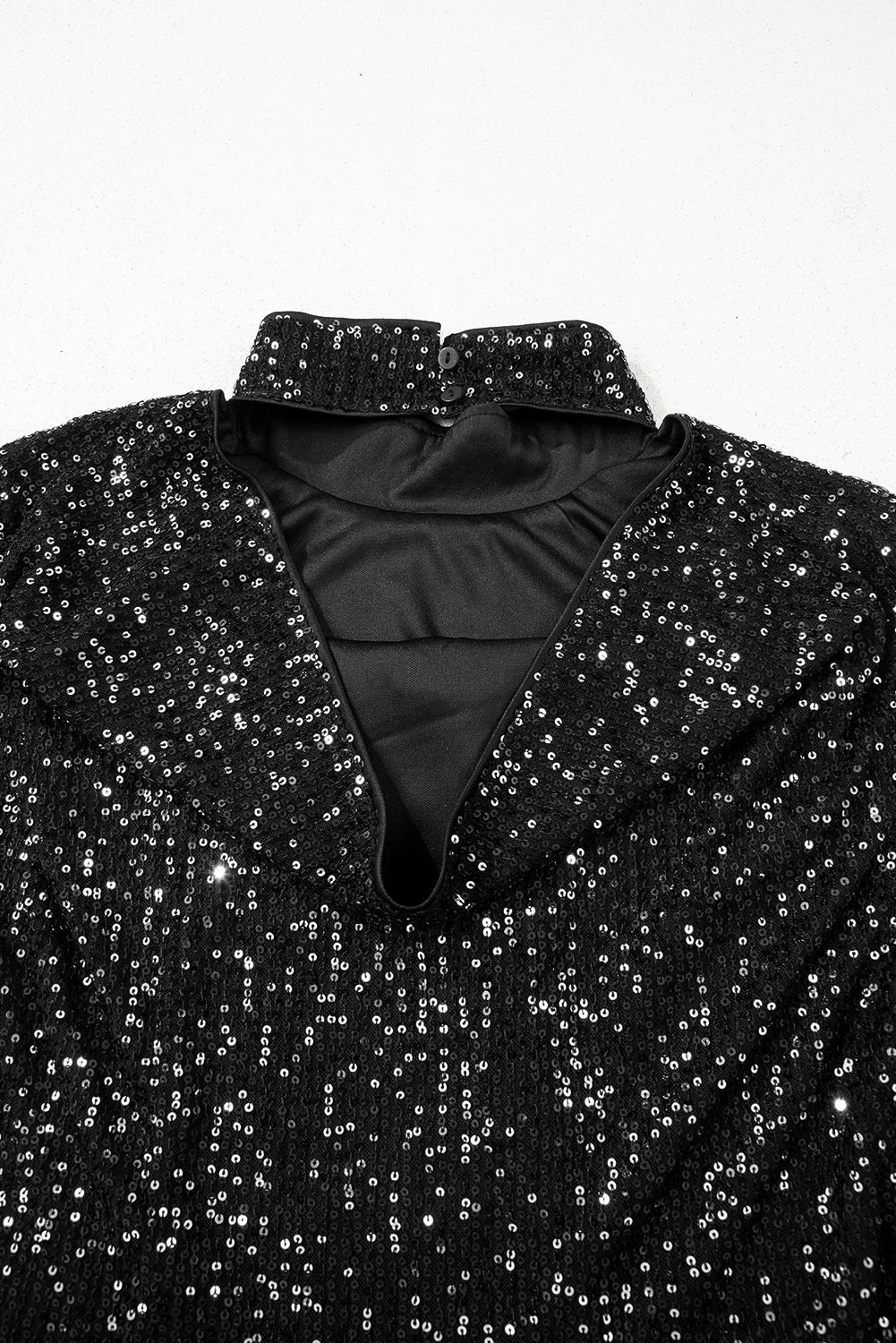 Black Sequin Mock Neck Drape Open Back Bell Sleeve Top