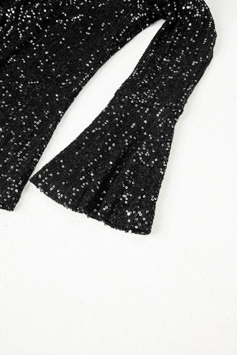 Black Sequin Mock Neck Drape Open Back Bell Sleeve Top