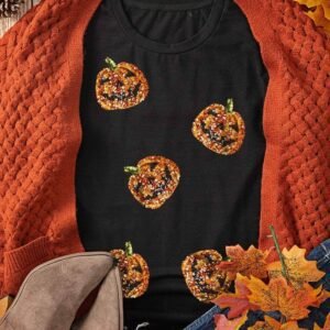Black Sequin Pumpkin Face Halloween T Shirt