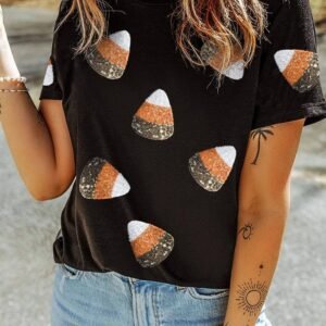 Black Sequin Triangle Patched Pattern Halloween T Shirt