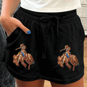 Black Sequin Western Cowboy Patched Lace-Up High Waist Skort