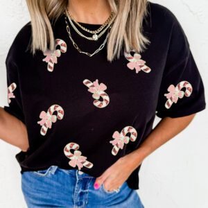 Black Sequined Candy Cane Patched Pattern Holiday T Shirt