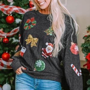Black Sequined Christmas Graphic Corded Sweatshirt