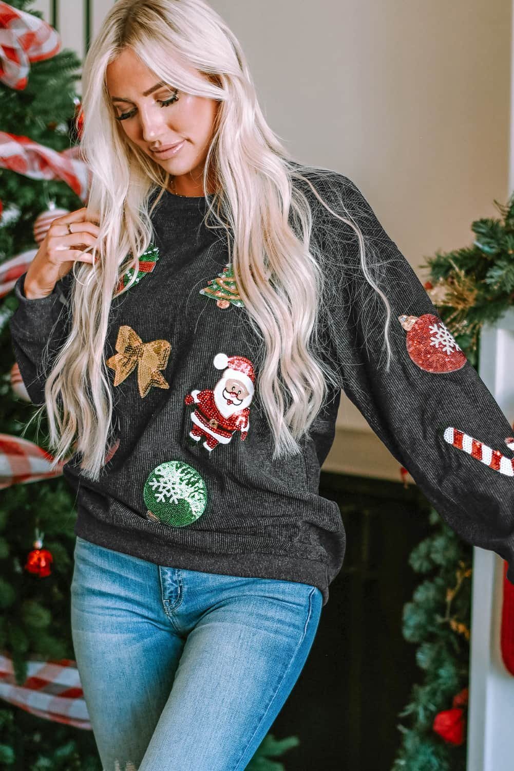 Black Sequined Christmas Graphic Corded Sweatshirt