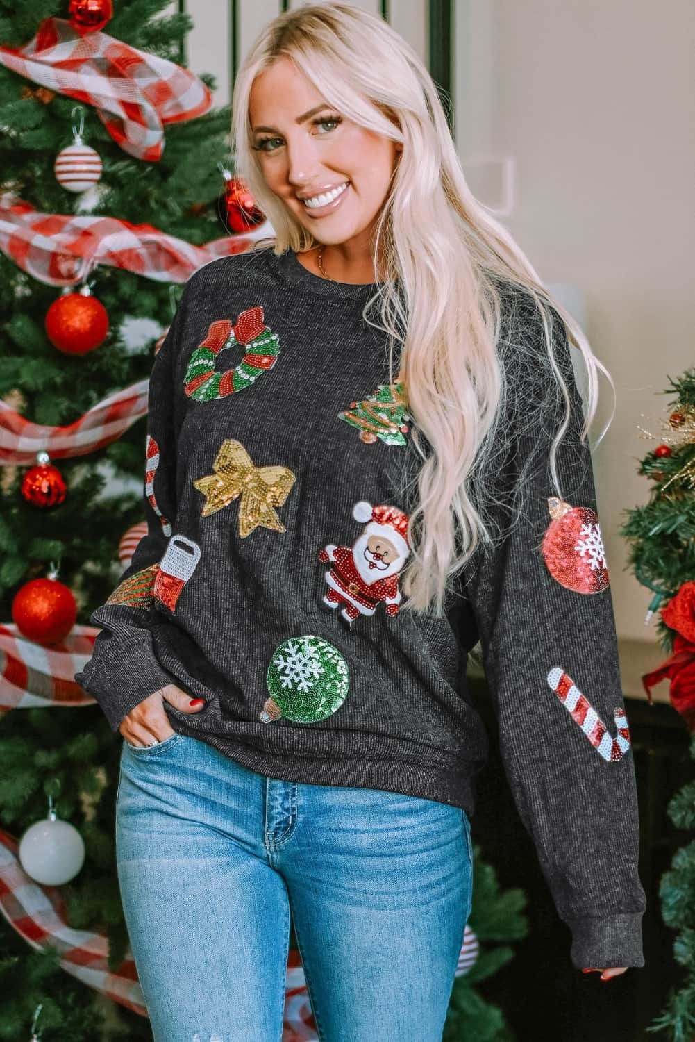 Black Sequined Christmas Graphic Corded Sweatshirt