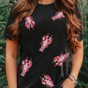 Black Sequined Crayfish Round Neck Graphic Tee