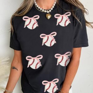 Black Shimmering Sequin Bow Ball Patterned Game Day Casual Tee