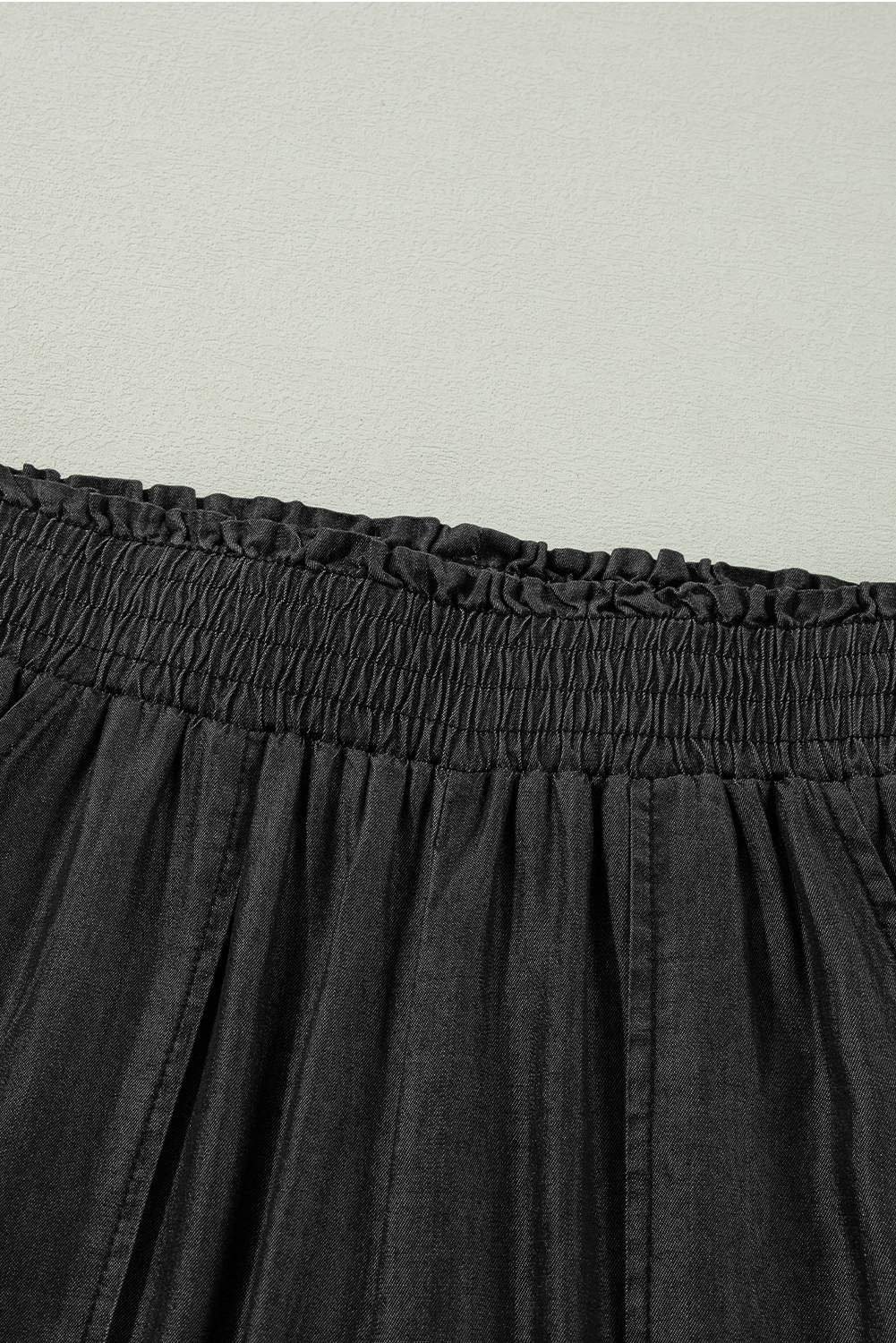 Black Side Pockets Frilled Smocked High Waist Wide Leg Jeans
