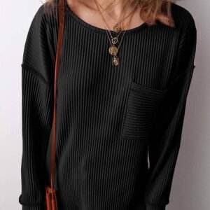 Black Solid Color Corded Drop Shoulder Long Sleeve Top