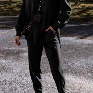 Black Solid Color High Low Pullover And Skinny Pants Set