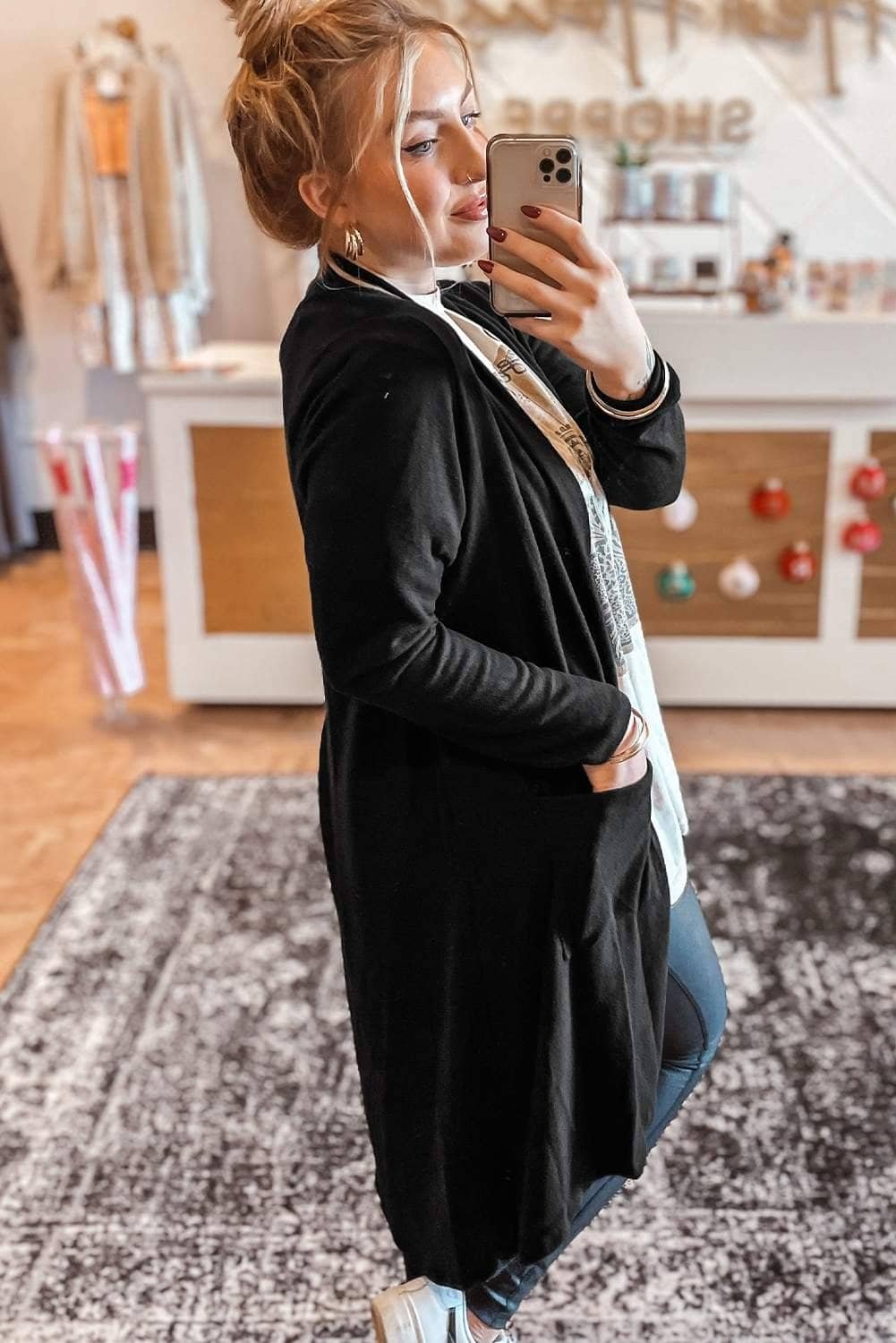 Black Solid Color Open Front Cardigan With Pocket