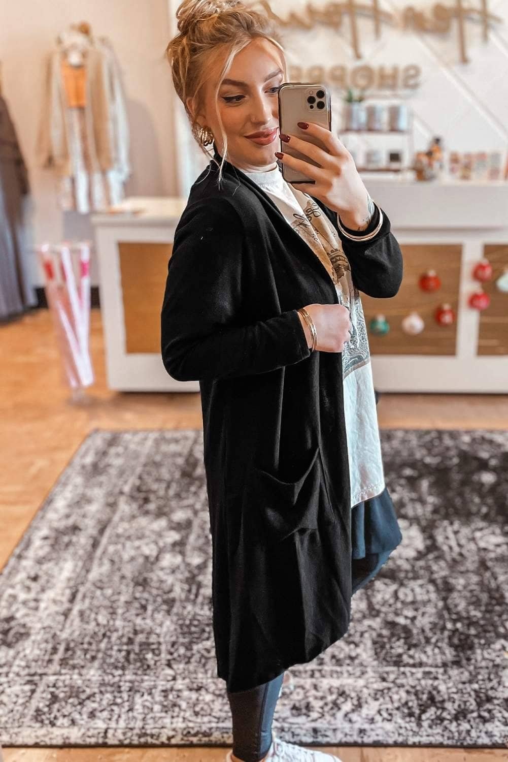 Black Solid Color Open Front Cardigan With Pocket