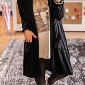 Black Solid Color Open Front Cardigan With Pocket