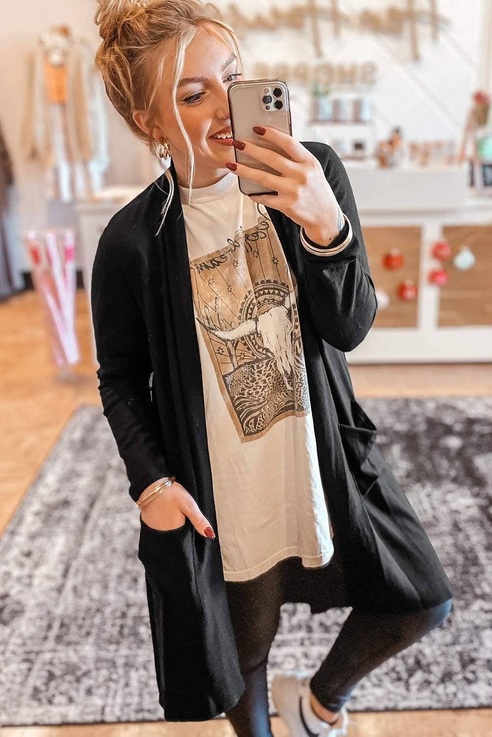 Black Solid Color Open Front Cardigan With Pocket