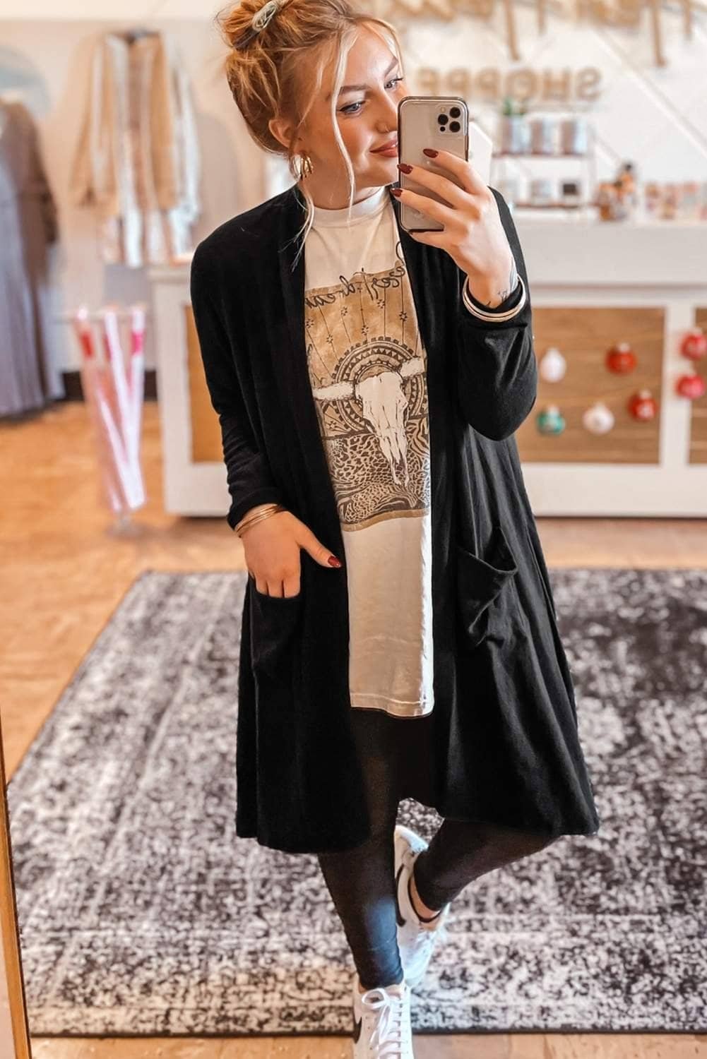 Black Solid Color Open Front Cardigan With Pocket