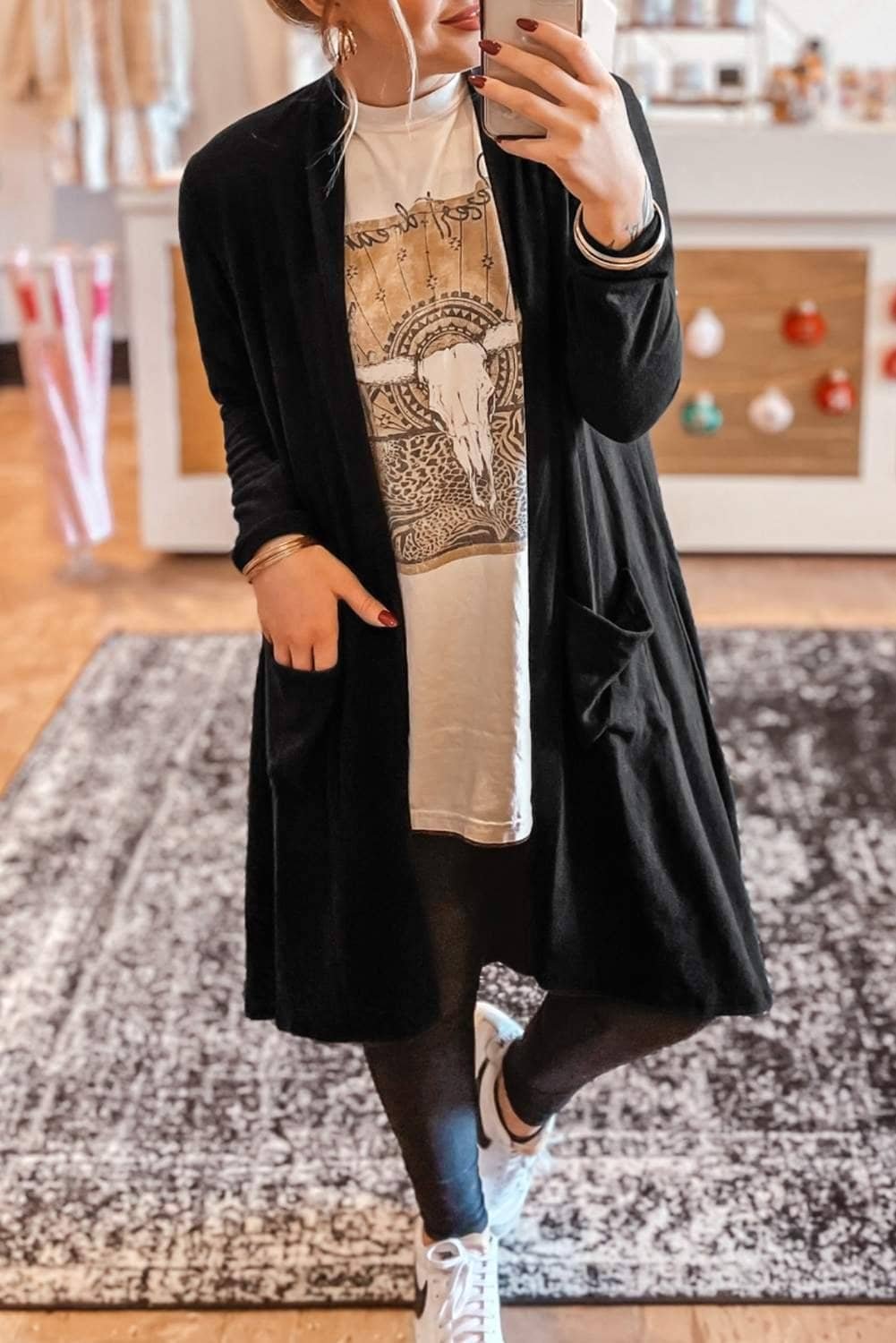 Black Solid Color Open Front Cardigan With Pocket