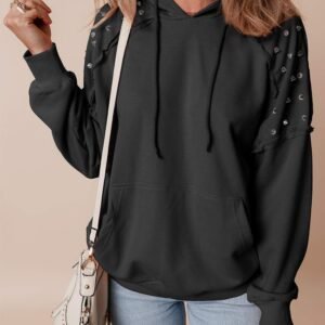 Black Solid Color Rivet Stud Raglan Sleeve Hoodie With Pocket