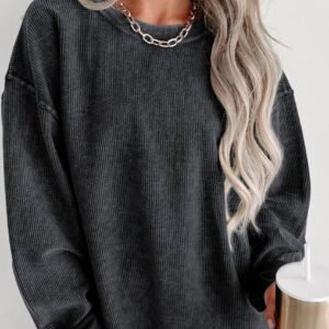 Black Solid Ribbed Knit Round Neck Pullover Sweatshirt