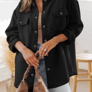 Black Solid Textured Flap Pocket Buttoned Shacket