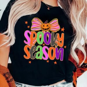 Black Spooky Season Halloween Pumpkin Bow Print T Shirt