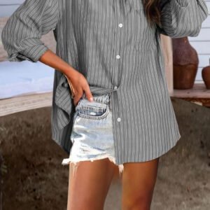 Black Stripe Button Up Oversized Casual Shirt