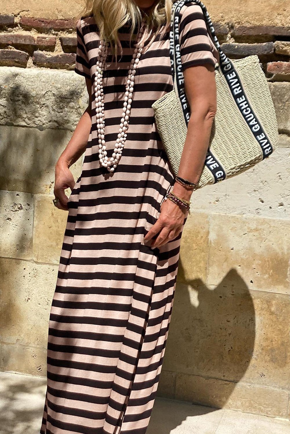 Black Stripe Casual Round Neck T-Shirt Maxi Dress With Pockets