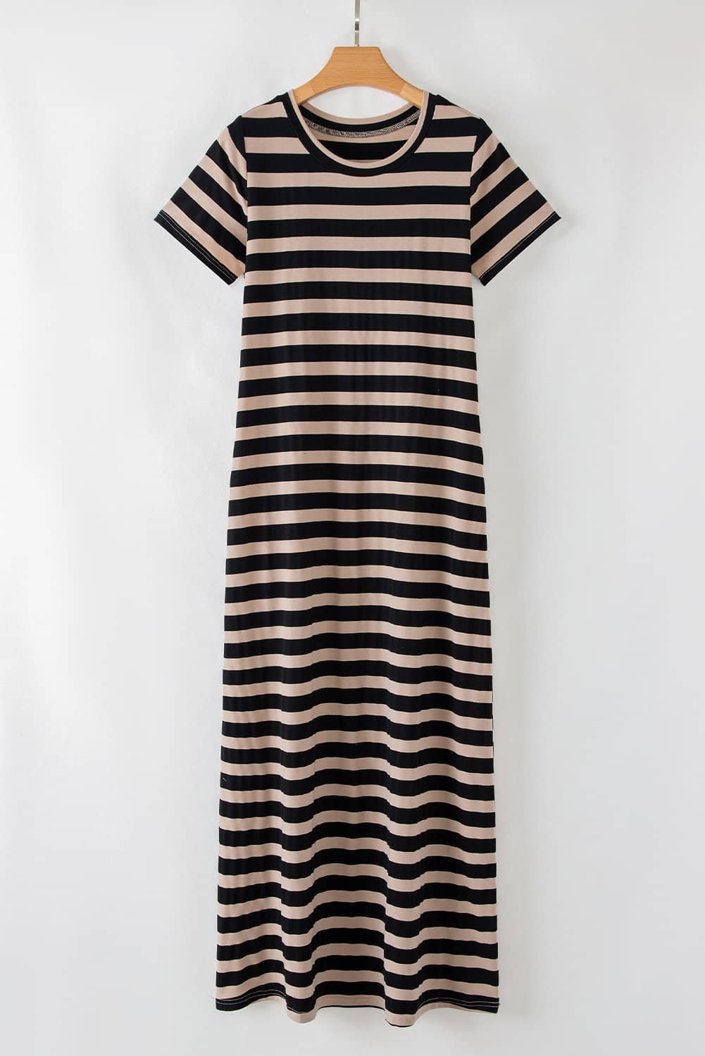 Black Stripe Casual Round Neck T-Shirt Maxi Dress With Pockets