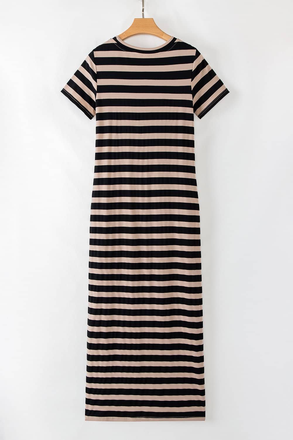 Black Stripe Casual Round Neck T-Shirt Maxi Dress With Pockets