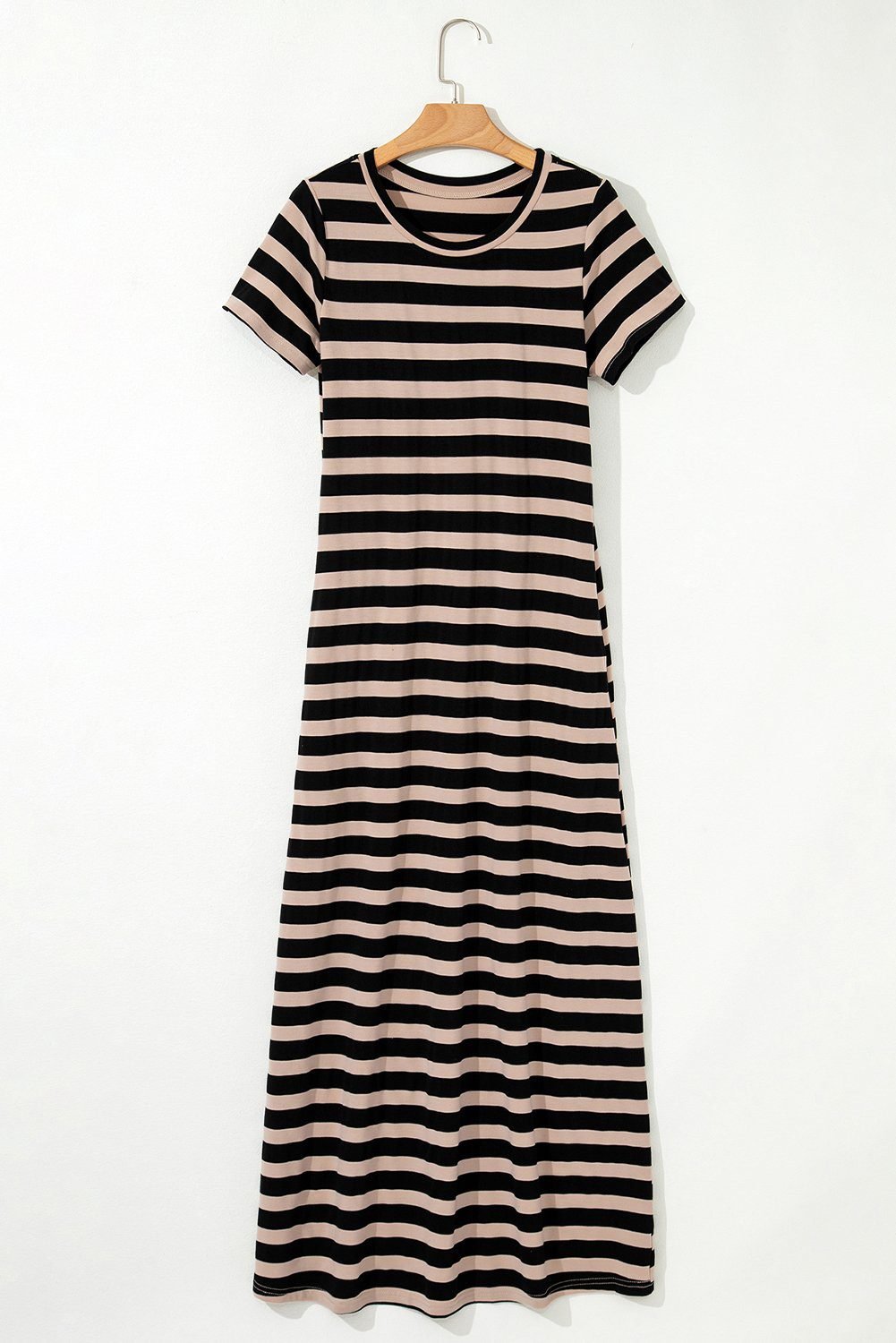 Black Stripe Casual Round Neck T-Shirt Maxi Dress With Pockets